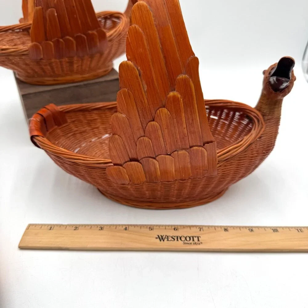 Goose or Swan Duck Nesting Baskets 1970s Mid Century Woven Wicker Rattan & Bambo